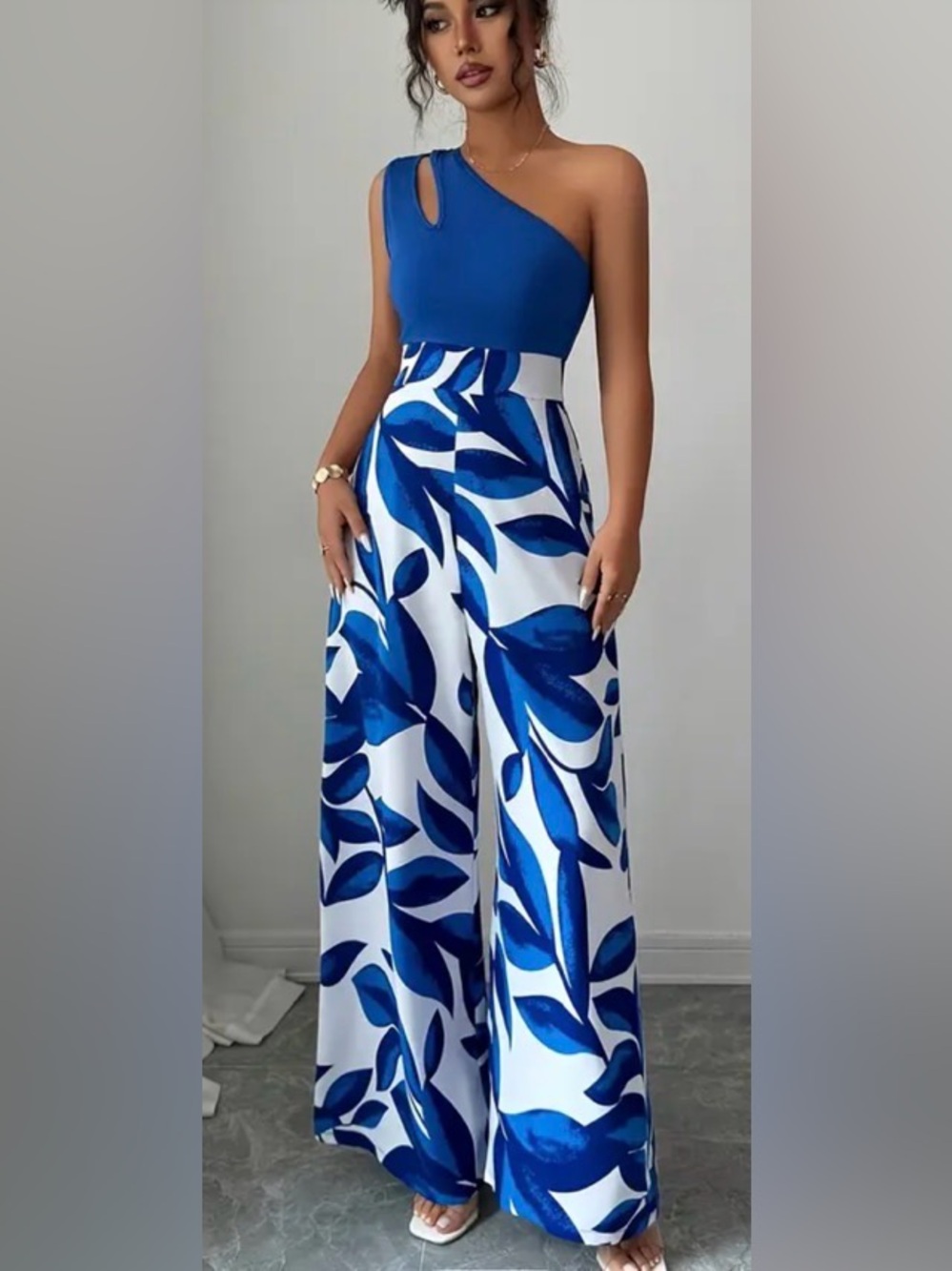 Blue One-Shoulder Printed Wide-Leg Jumpsuit